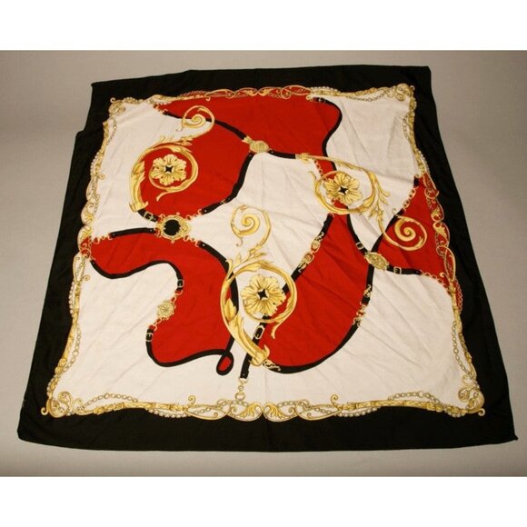 Red Black White Gold Abstract Floral Scarf Vintage Accessories - Picture 1 of 3